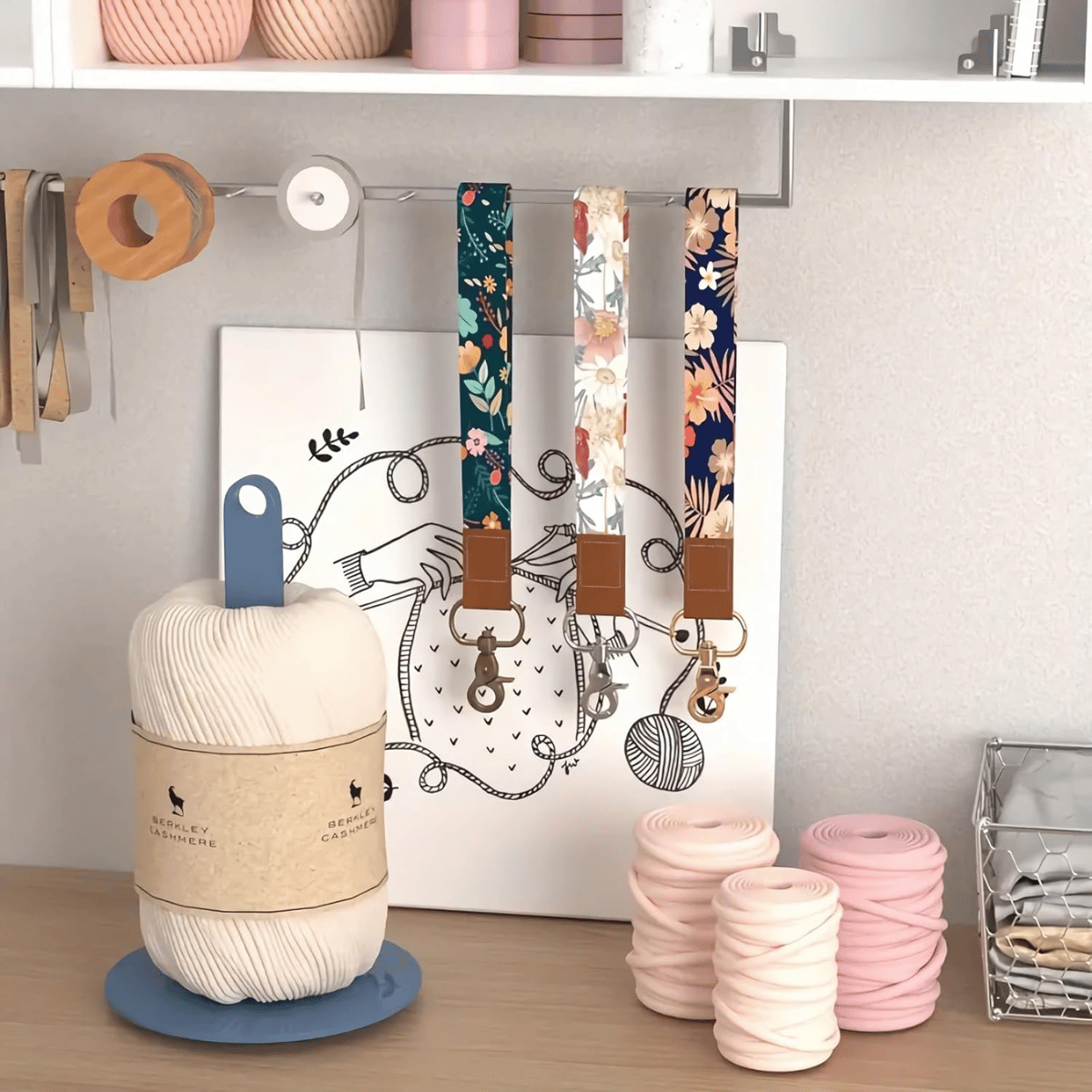 Three patterned keychains hang on a rod above a shelf displaying rolls of yarn, the Wrist Yarn Holder, and organized crafting supplies for tangle-free projects against a light-colored wall.