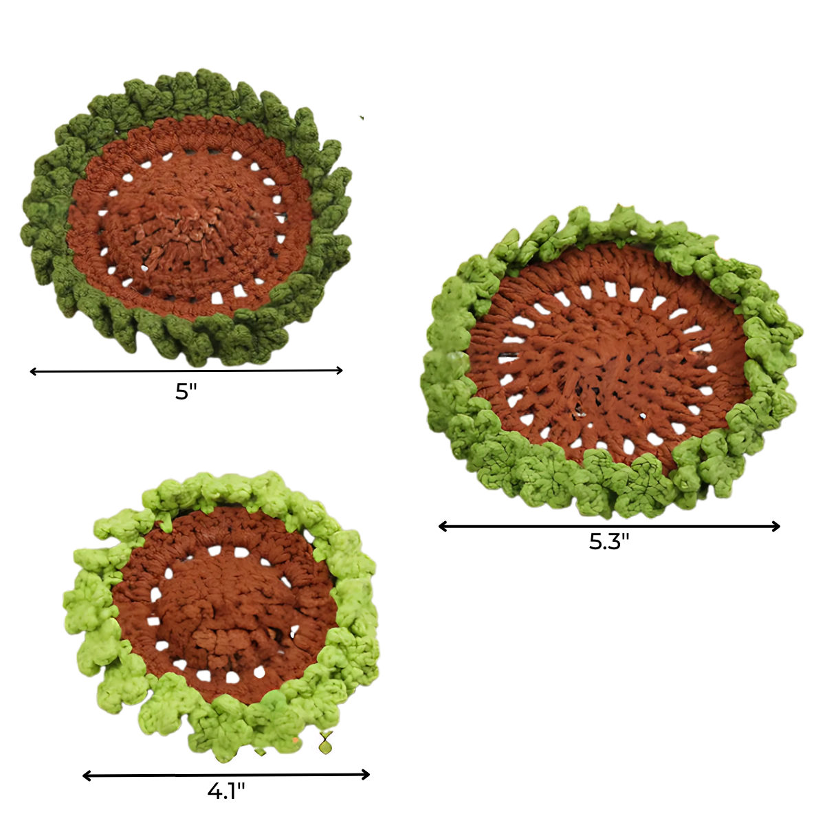 The Plant Crochet Coaster Kit includes three handmade round coasters in green and brown wool, with labeled widths of 5", 5.3", and 4.1".