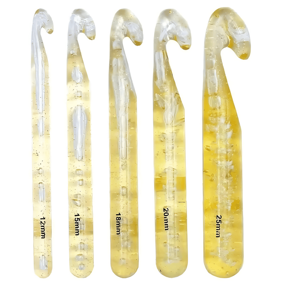 Five translucent resin hooks (12mm, 15mm, 18mm, 20mm, 25mm) stand upright—this set of Large Crochet Hooks for Chunky Yarn is ideal for jumbo yarn and bulky crochet projects.