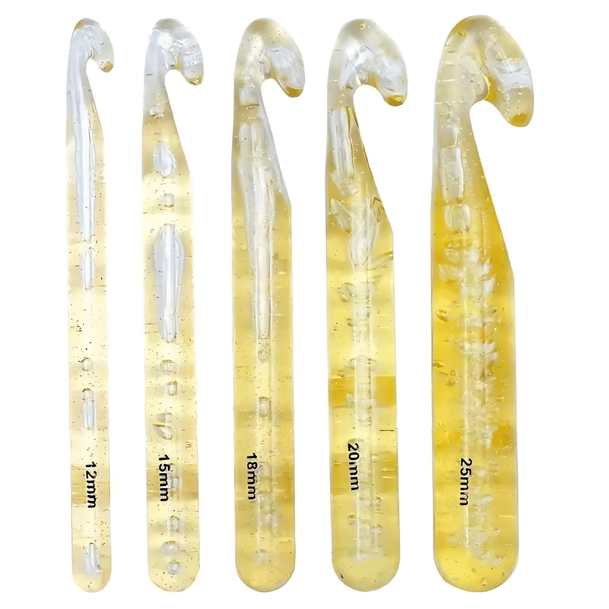 Five translucent resin hooks (12mm, 15mm, 18mm, 20mm, 25mm) stand upright—this set of Large Crochet Hooks for Chunky Yarn is ideal for jumbo yarn and bulky crochet projects.