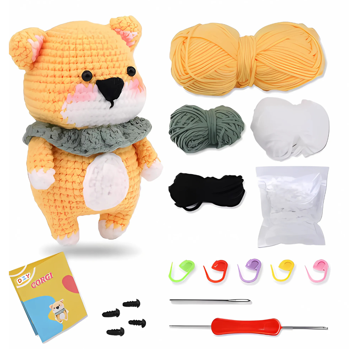 The Crochet Bear Kit comes with yarn, crochet hooks, safety eyes, stuffing, stitch markers, a pattern booklet, and a finished plush bear—ideal for creating your own DIY bear at home.