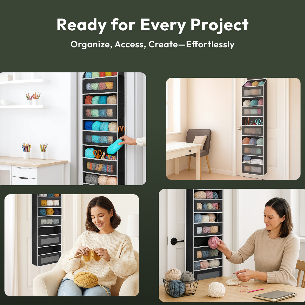 Four images show the Hanging Yarn Organizer in black, mounted on a wall and filled with yarn and supplies, while a woman selects yarn for knitting in a bright, modern room.
