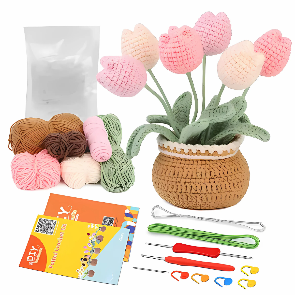 The Crochet Tulip Kit includes yarn, tools, a pattern book, and a finished crochet tulip bouquet in a basket, all beautifully displayed on a white background.