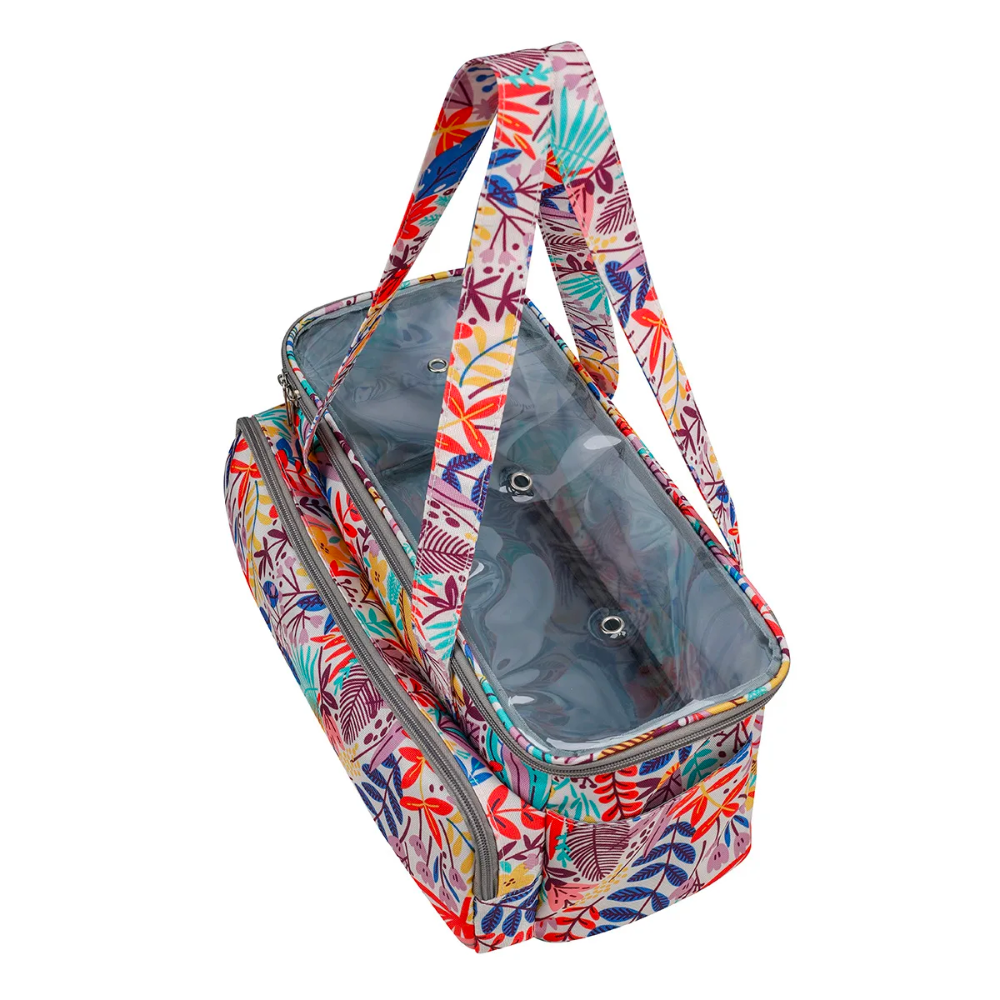 Vibrant Crochet Knitting Bag Organizer (Bundle8) with a tropical print and clear top, featuring long handles, ideal for storing your knitting accessories or crafting supplies.