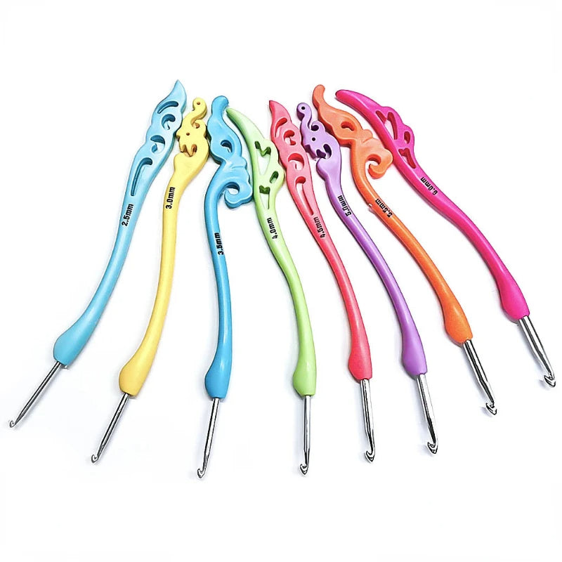 A Vintage-Style Crochet Hook Set with eight hooks, each featuring a soft and ornate ergonomic grip in vibrant colors.