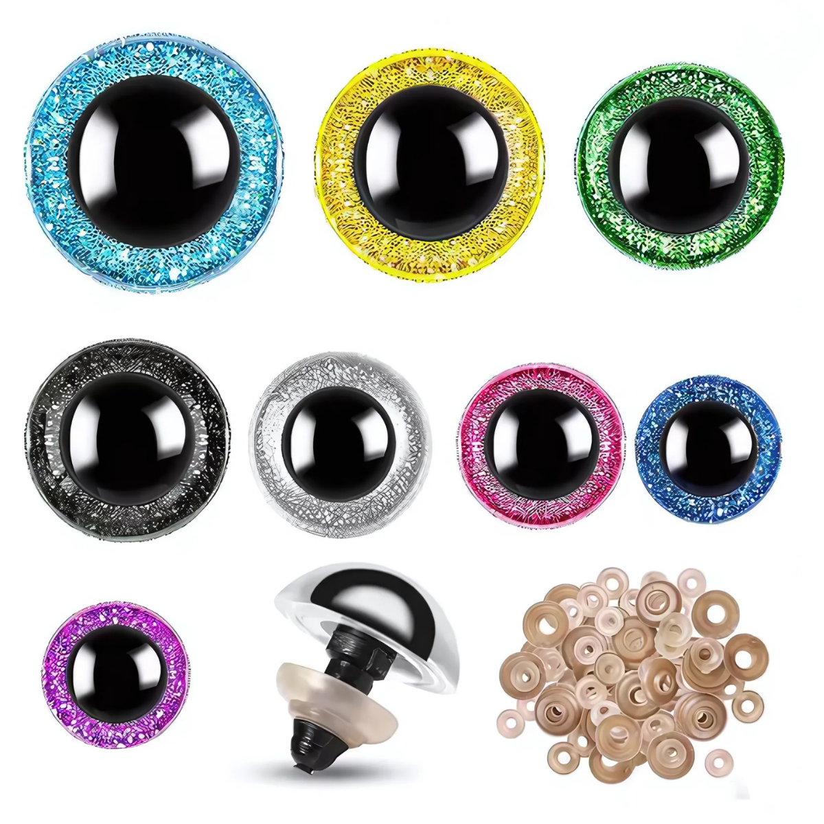 The Safety Eyes & Noses Set includes assorted glittery plastic safety eyes in various colors and sizes, ideal for crochet eyes or amigurumi supplies, plus beige washers and one sample eye showing assembled parts.