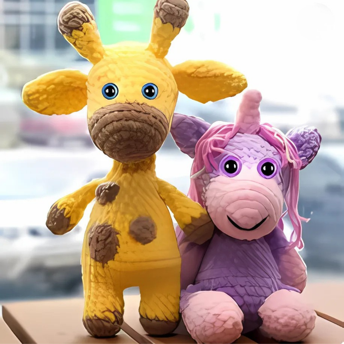 Two plush toys, each featuring details from the Safety Eyes & Noses Set—one a yellow giraffe with brown spots, the other a purple unicorn with a pink mane—are sitting side by side on a bench.