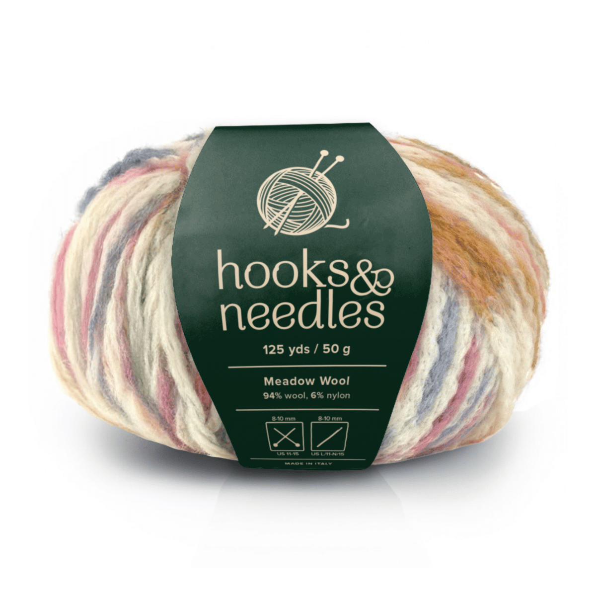 A ball of hooks & needles Meadow Wool yarn, 125 yds/50g, 94% mulesing-free wool and 6% nylon, with care symbols—a cozy and colorful choice for your projects.