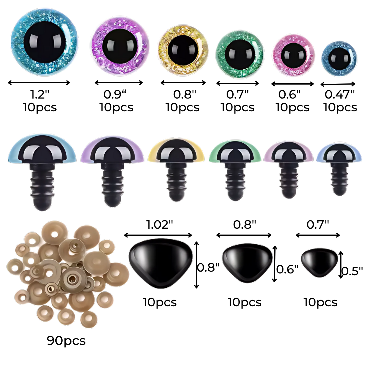 The Safety Eyes & Noses Set features assorted plastic amigurumi supplies, including glitter-finish safety eyes in multiple sizes and colors, plus crochet eye washers and solid black noses, all shown with measurements and quantities for each type.