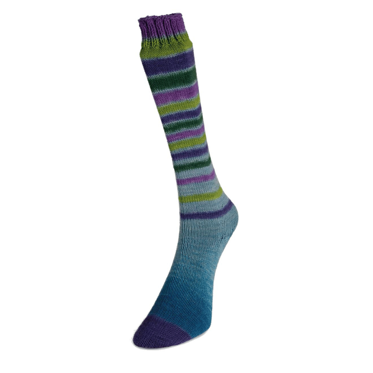 The Cozy Sock is a single knee-high, made from mulesing-free wool, with blue, green, and purple stripes and a gradient blue foot, displayed on a white background.