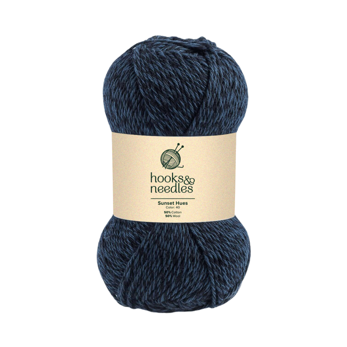 A skein of dark blue Sunset Hues Yarn with a beige label reading "hooks & needles Sunset Hues, 50% Cotton, 50% Acrylic" and a knitting needle logo. This lightweight yarn is ideal for creative projects.