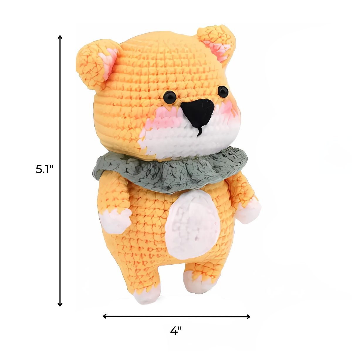 The Crochet Bear Kit includes materials to make a 5.1-inch-tall, 4-inch-wide plush bear with an orange and white crocheted body, gray ruffled collar, and black nose—ideal for beginner crochet enthusiasts.