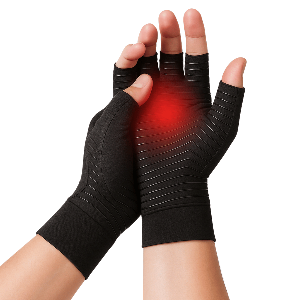 Person wearing Arthritis Pain Relief Gloves, with a red glow on the palm to show pain or inflammation—ideal for comfortable crafting, knitting, and crochet.