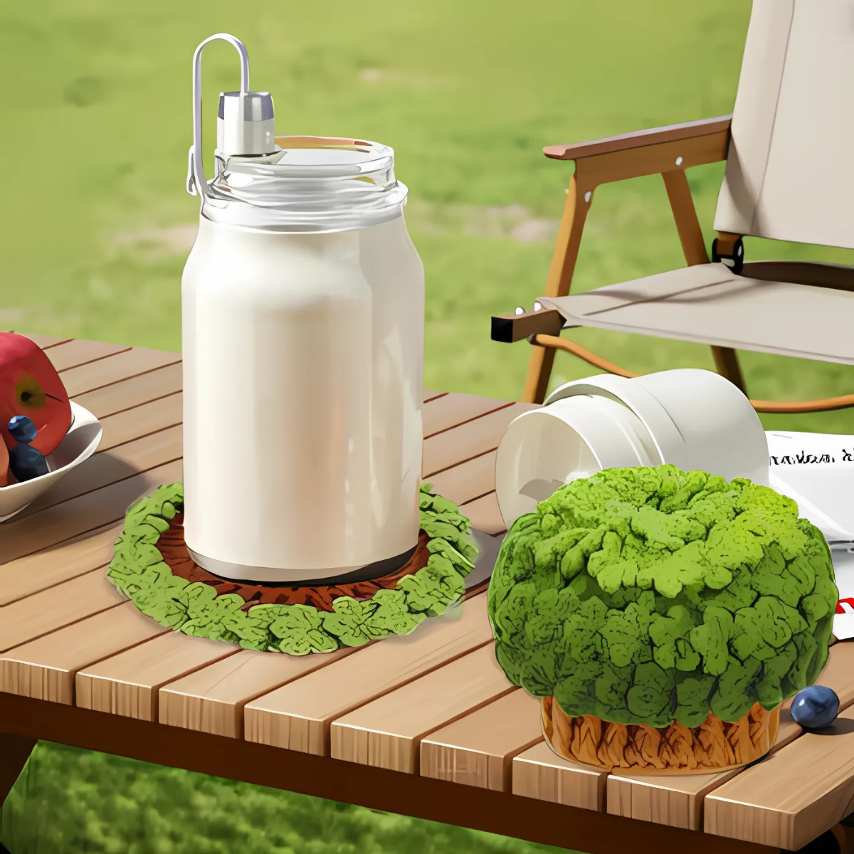 A glass jar of milk with a metal lid sits on a wooden table beside a green leafy object, a red apple, and a white cup placed on a coaster made from the Plant Crochet Coaster Kit, with a tan folding chair in the background.