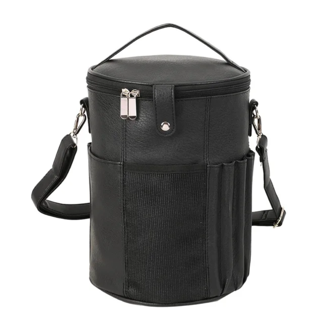 The PU Leather Knitting Crochet Tools Storage Bag is a black cylindrical crafting bag featuring a lid, side pockets, and an adjustable strap, ideal for organizing crochet tools.