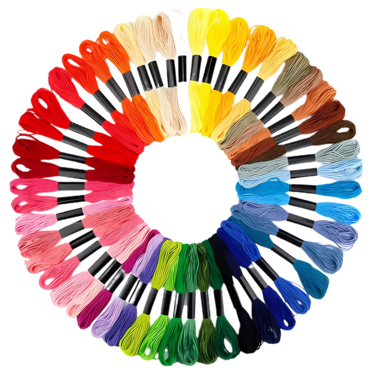 The Embroidery Floss Set features cotton threads and floss bundles arranged in a colorful gradient—reds, pinks, yellows, browns, blues, greens, and purples—ideal for adding vibrant hues to your crochet projects.