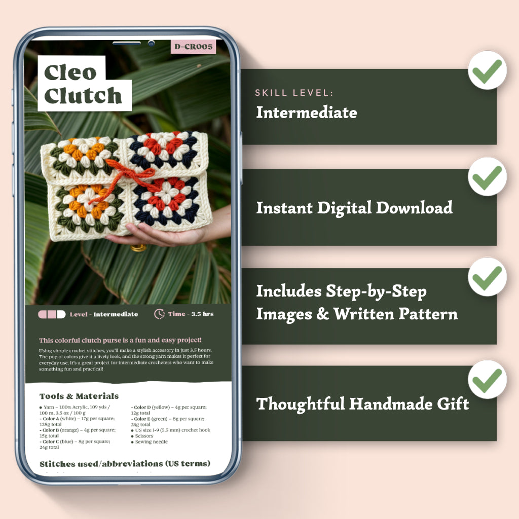 A phone shows the Cleo Clutch Crochet Pattern, highlighting its granny square design, skill level, features, and tools; four checklists on the right present key benefits.