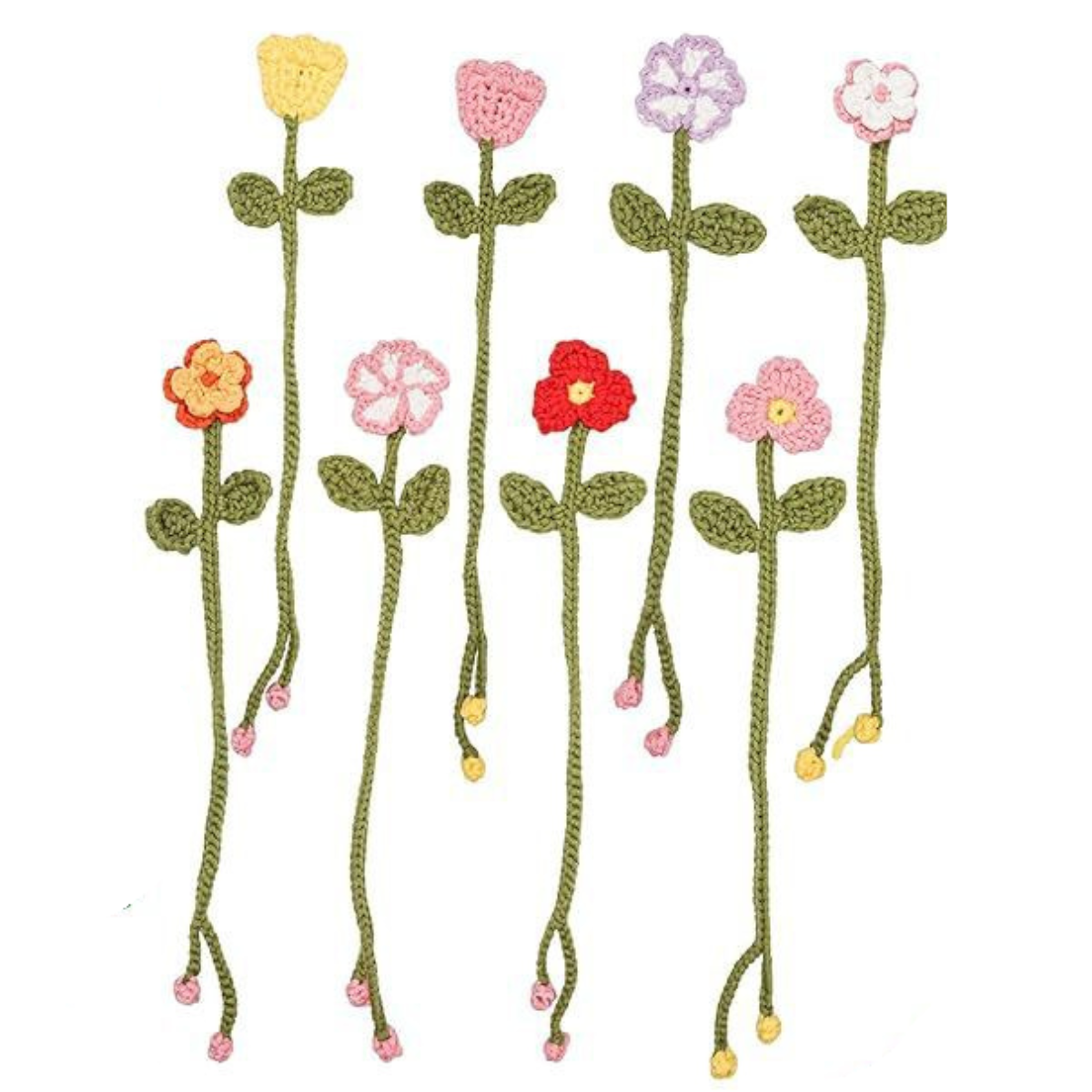 The Crochet Flower Bookmark Kit 8pcs features eight colorful crocheted flower bookmarks with green stems and leaves—perfect handmade gifts for book lovers or for personal use.