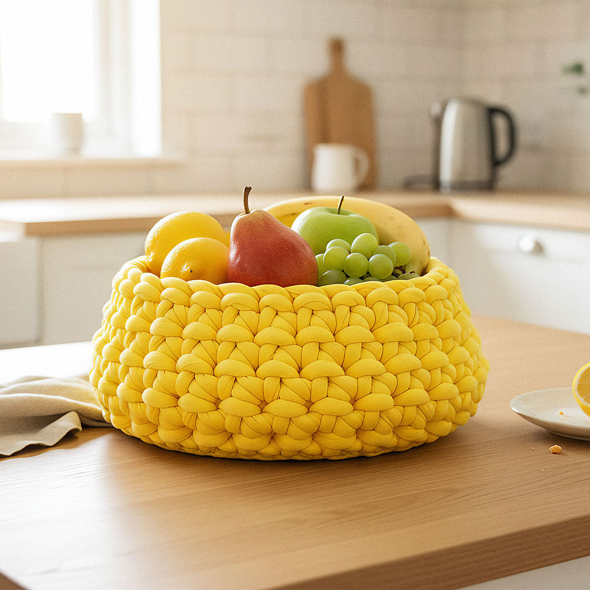 A yellow, knitted basket from the Hooks & Needles Subscription Box, filled with a pear, lemon, grapes, and a mango, sits on a wooden kitchen counter.