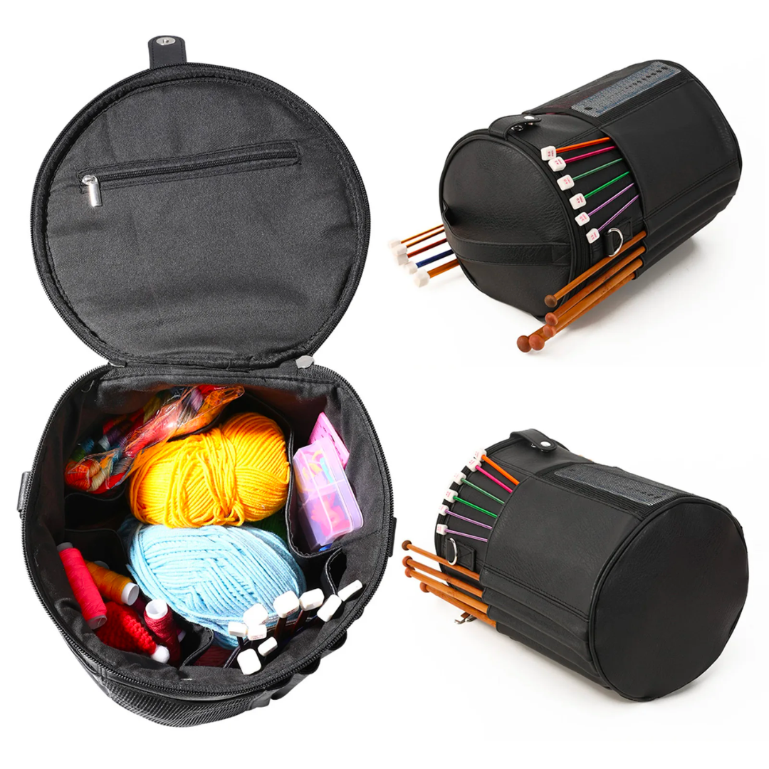 The PU Leather Knitting Crochet Tools Storage Bag includes a black exterior with side pockets for various knitting needles and contains colorful yarn and crochet tools inside.