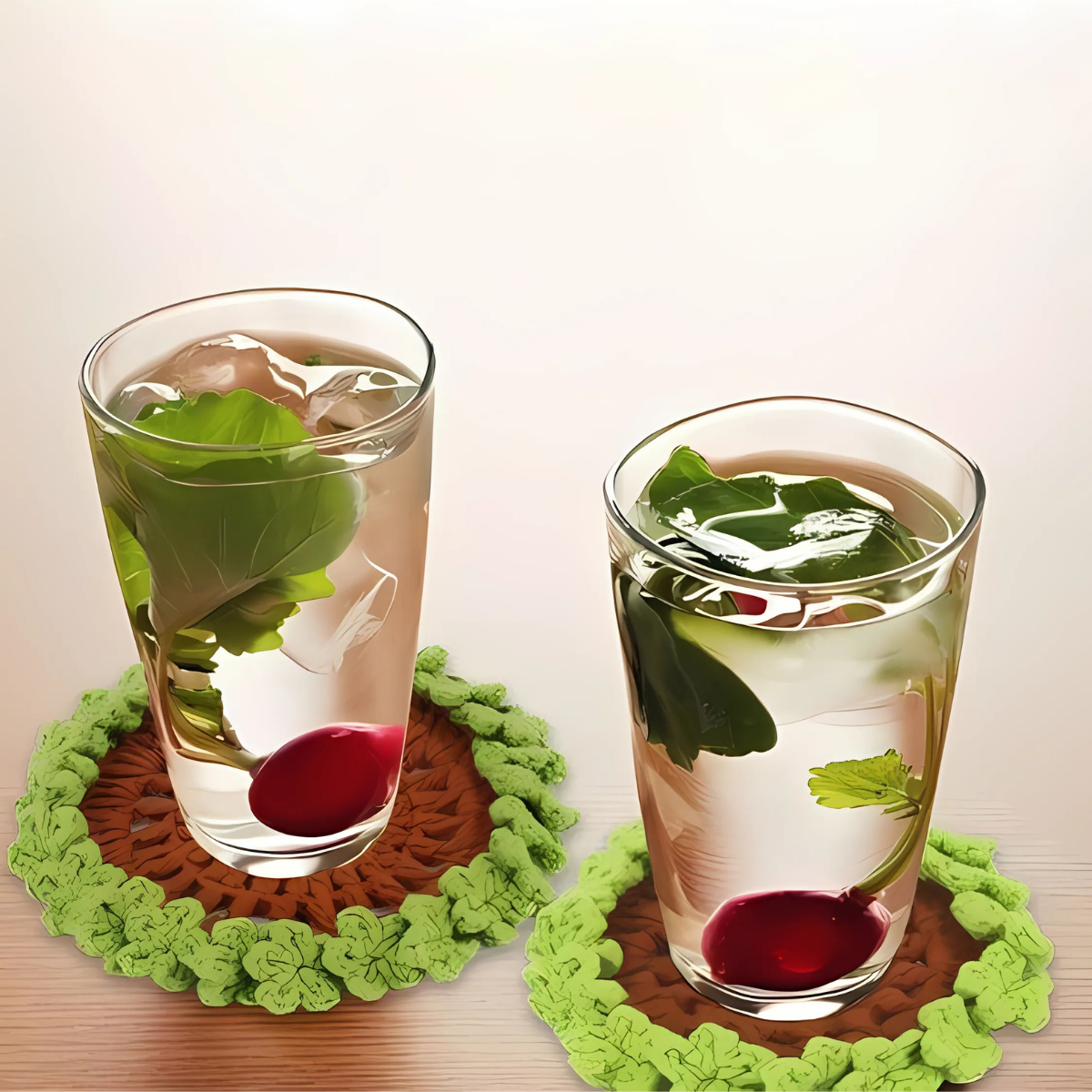 Two glasses of iced drinks with herbs and cherries rest on green coasters made from the Plant Crochet Coaster Kit, displayed on a light-colored surface.