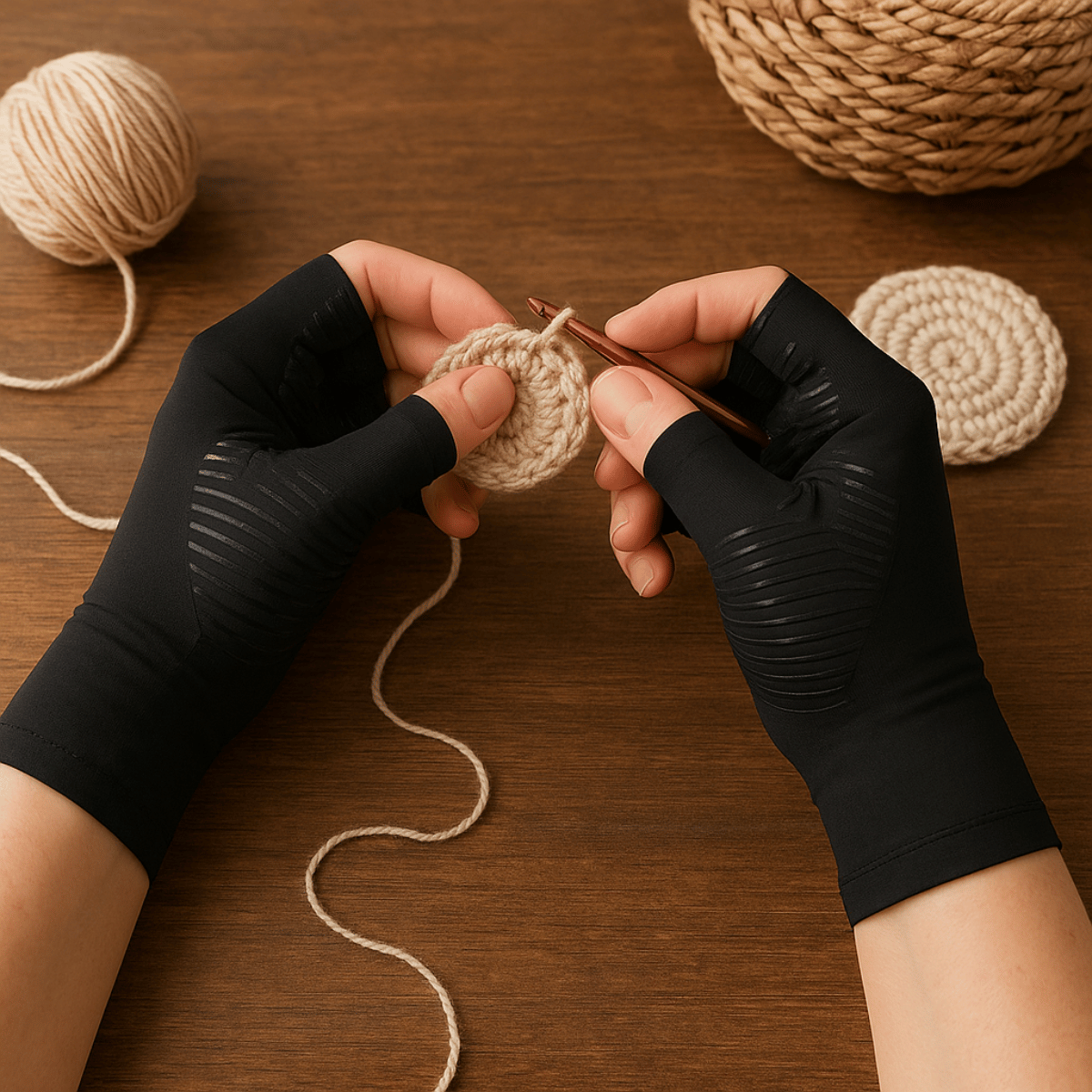 Hands wearing Arthritis Pain Relief Gloves crochet a round beige piece with yarn and a finished crochet circle nearby on a wooden surface, enabling comfortable crafting for all knitting and crochet lovers.