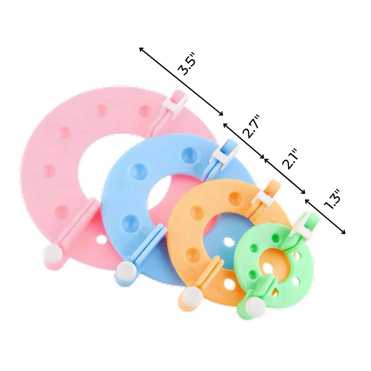 The Pom Pom Maker Set features four vibrant circular plastic tools in sizes 3.5", 2.7", 2.1", and 1.3", each with a hinged design and holes—ideal for crafting creative pom poms.
