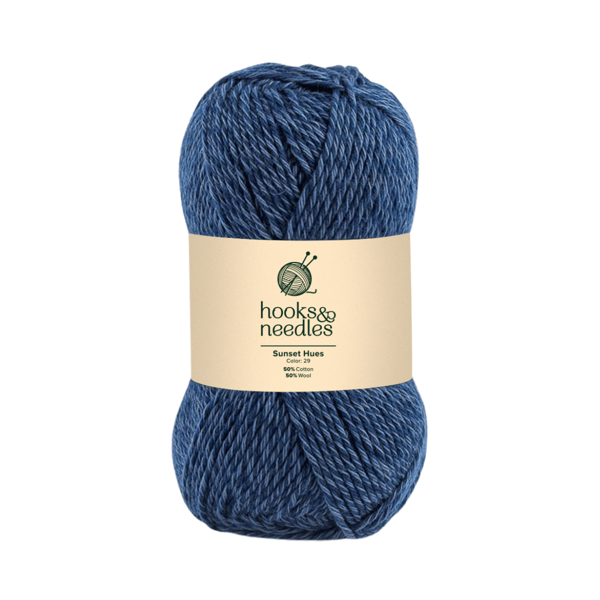 Sunset Hues Yarn is a blue skein made of 50% cotton and 50% wool, ideal for lightweight crafting projects.