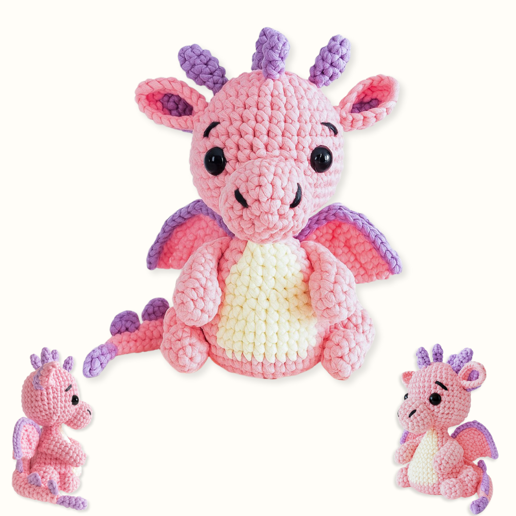 The Snuggle Squad - 10 Adorable Crochet PDF Patterns features a pink and purple dragon plush, shown from the front, with side and angled views of similar crocheted animals in the bottom corners.