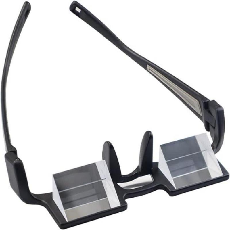 Dual Vision Prism Lazy Glasses feature an ergonomic design with black frames, angled lenses, and adjustable arms, making them perfect for knitting and crocheting enthusiasts.