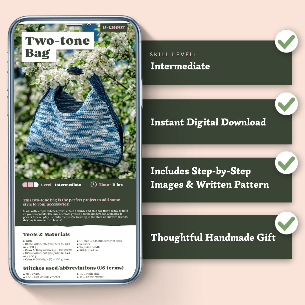 A phone showcases the Two-Tone Bag Crochet Pattern, including skill level, tools, and materials; four checkmarks highlight features beside the phone on a light background—ideal for intermediate crocheters.
