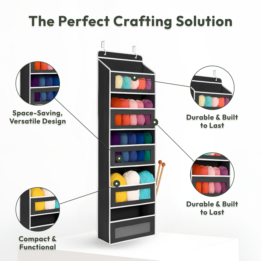 The Hanging Yarn Organizer, shown in black and filled with colorful yarn and knitting needles, is displayed with text highlighting its space-saving design, durable construction, and compact functionality.