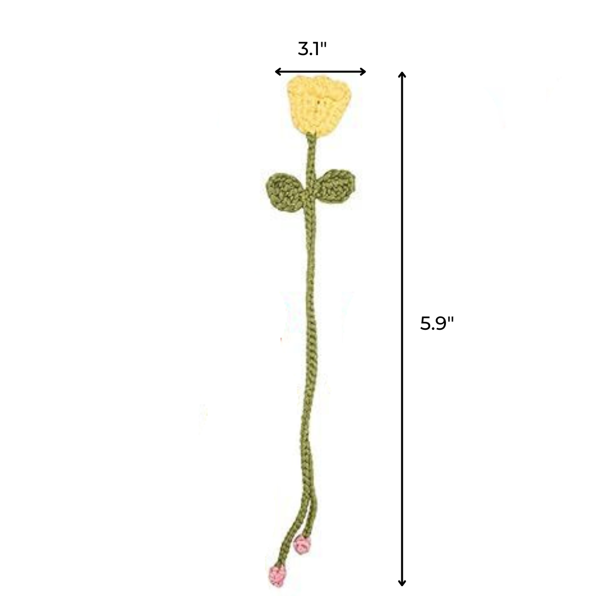 The Crochet Flower Bookmark Kit 8pcs features handmade yellow flowers with green leaves and stems (3.1" wide, 5.9" tall), perfect as bookmarks or thoughtful gifts for book lovers—displayed on a white background.