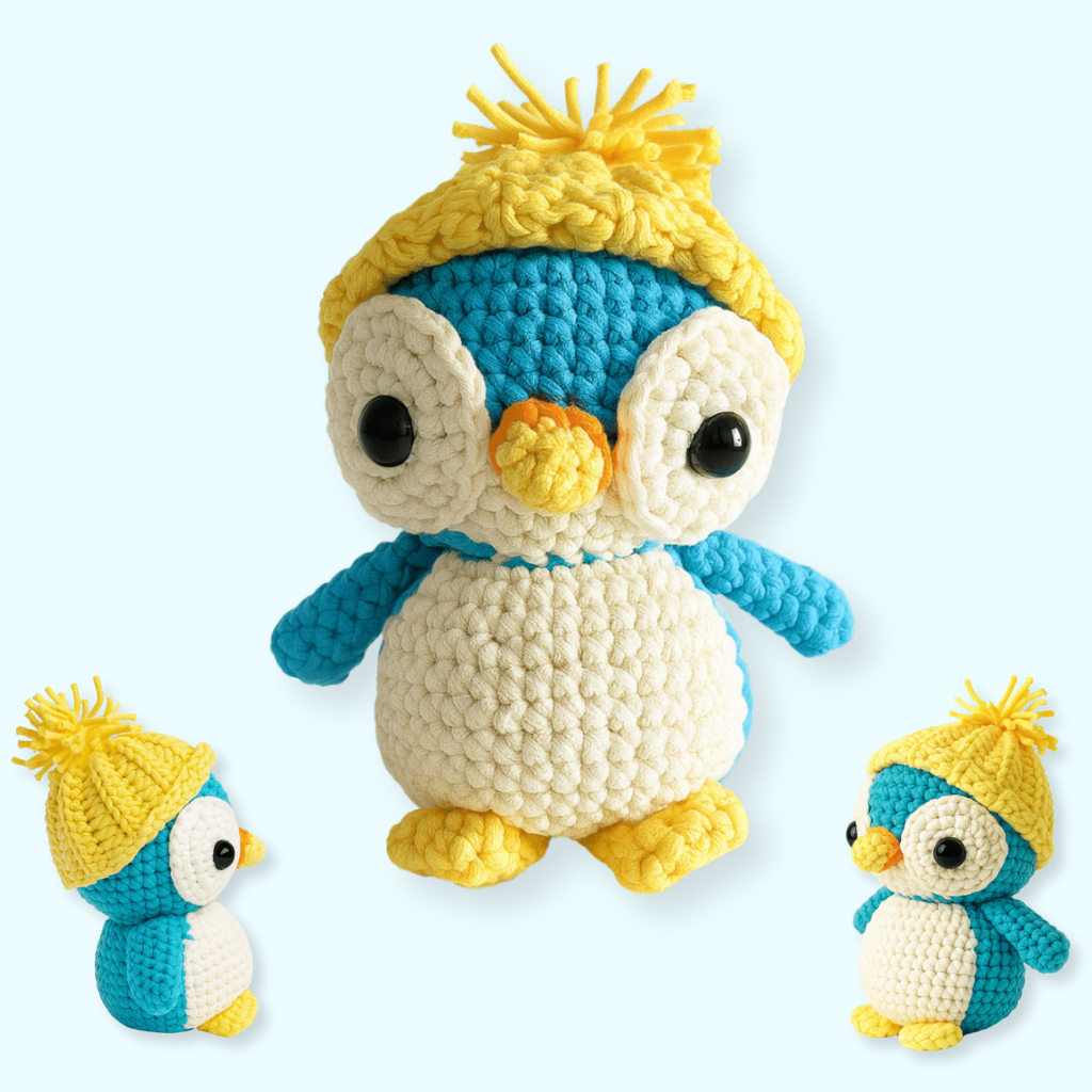 The Snuggle Squad - 10 Adorable Crochet PDF Patterns features a blue and white amigurumi penguin with a yellow beak, feet, and pom-pom hat, shown from the front and sides against a light background.