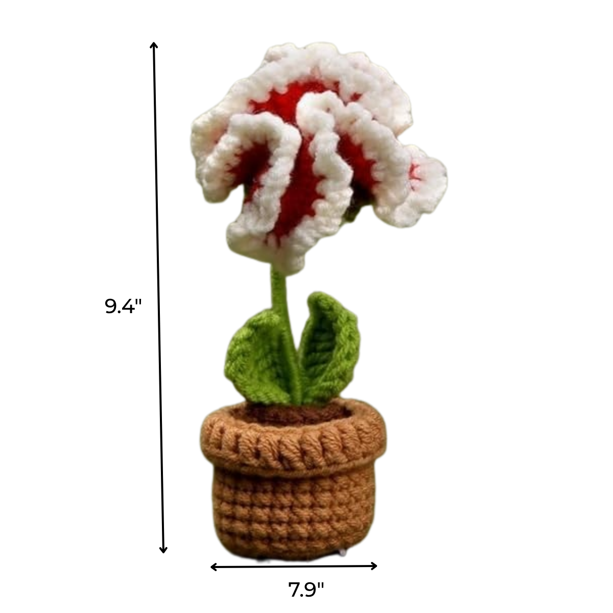 The Crochet Flower Pot Kit 6pcs features handmade red and white crochet flowers with green stems and leaves in a brown pot (9.4" tall x 7.9" wide)—ideal for beginners or as a unique decorative piece.