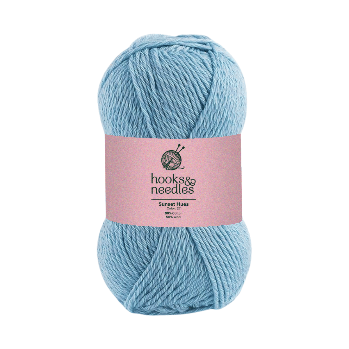 A skein of light blue Sunset Hues Yarn, 50% cotton and 50% acrylic with a pink label—ideal lightweight yarn for creative projects.