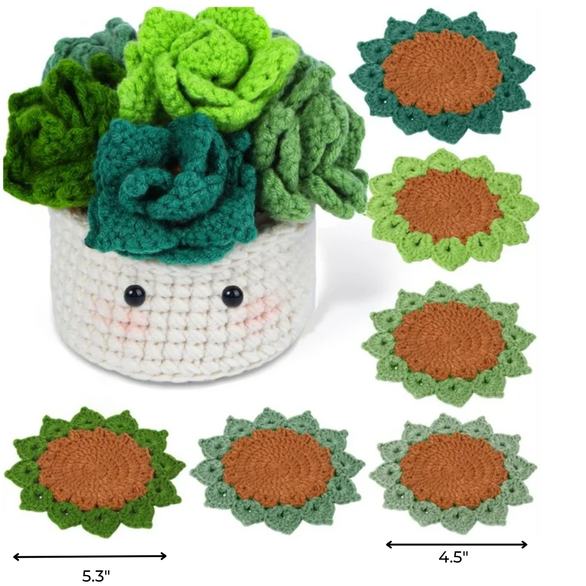 The Plant Pot Crochet Kit with Coasters features a white crocheted pot with a smiling face and green crochet succulents, plus seven 4.5" green and brown coasters for handmade home decor.