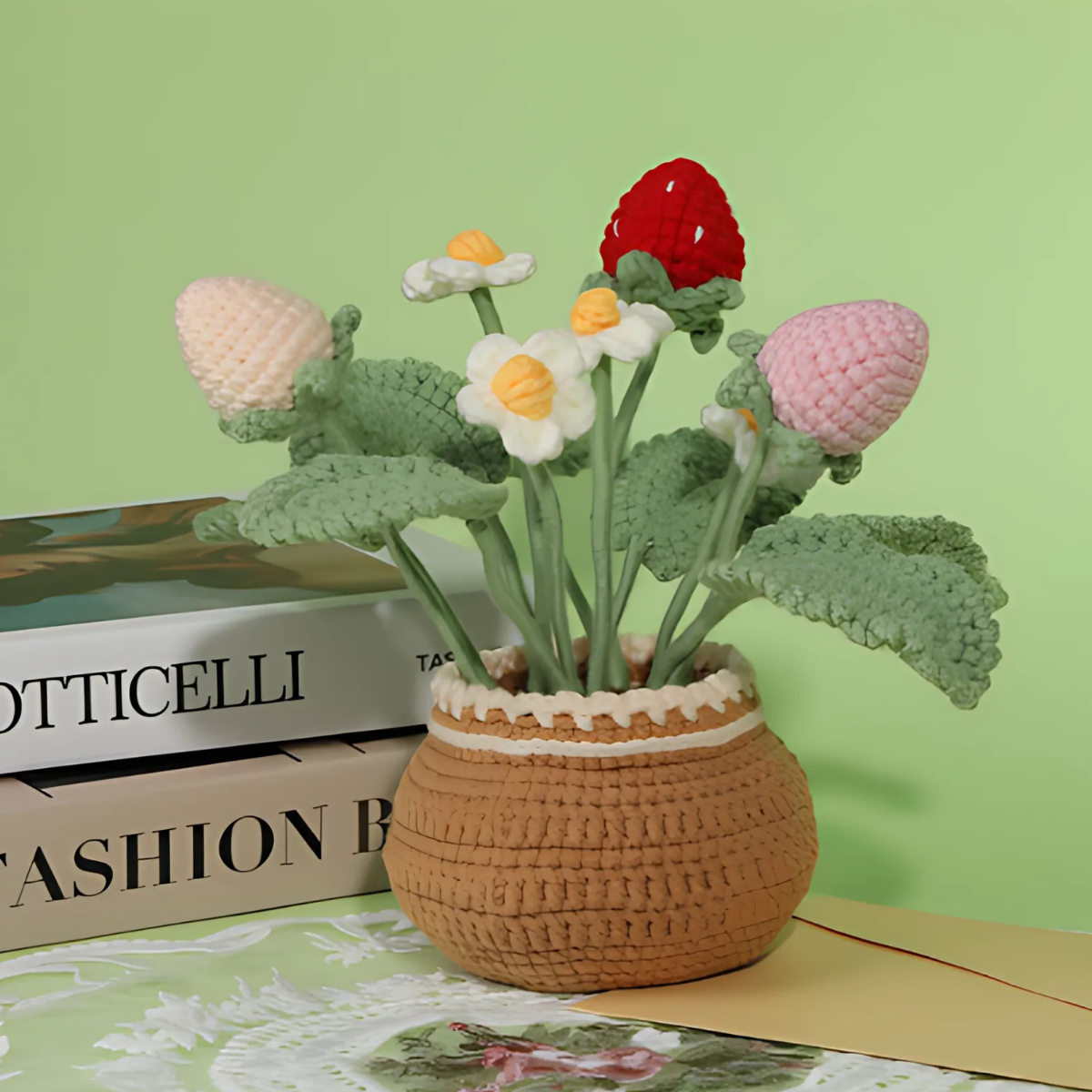 The Crochet Strawberry Plant Kit features a handmade strawberry plant with green leaves and white flowers in a brown yarn pot, displayed on a table beside two stacked books against a light green background.