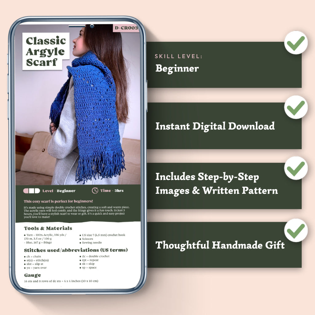 A phone shows the Classic Argyle Scarf Crochet Pattern, modeled by a woman in a blue scarf. Beside it, features include beginner skill level, digital download, step-by-step instructions, and gift idea.