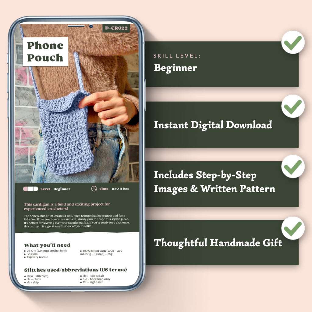 A phone shows the Phone Pouch Crochet Pattern for a customizable strap pouch, next to features: beginner level, instant digital download, step-by-step images, and great as a handmade gift.