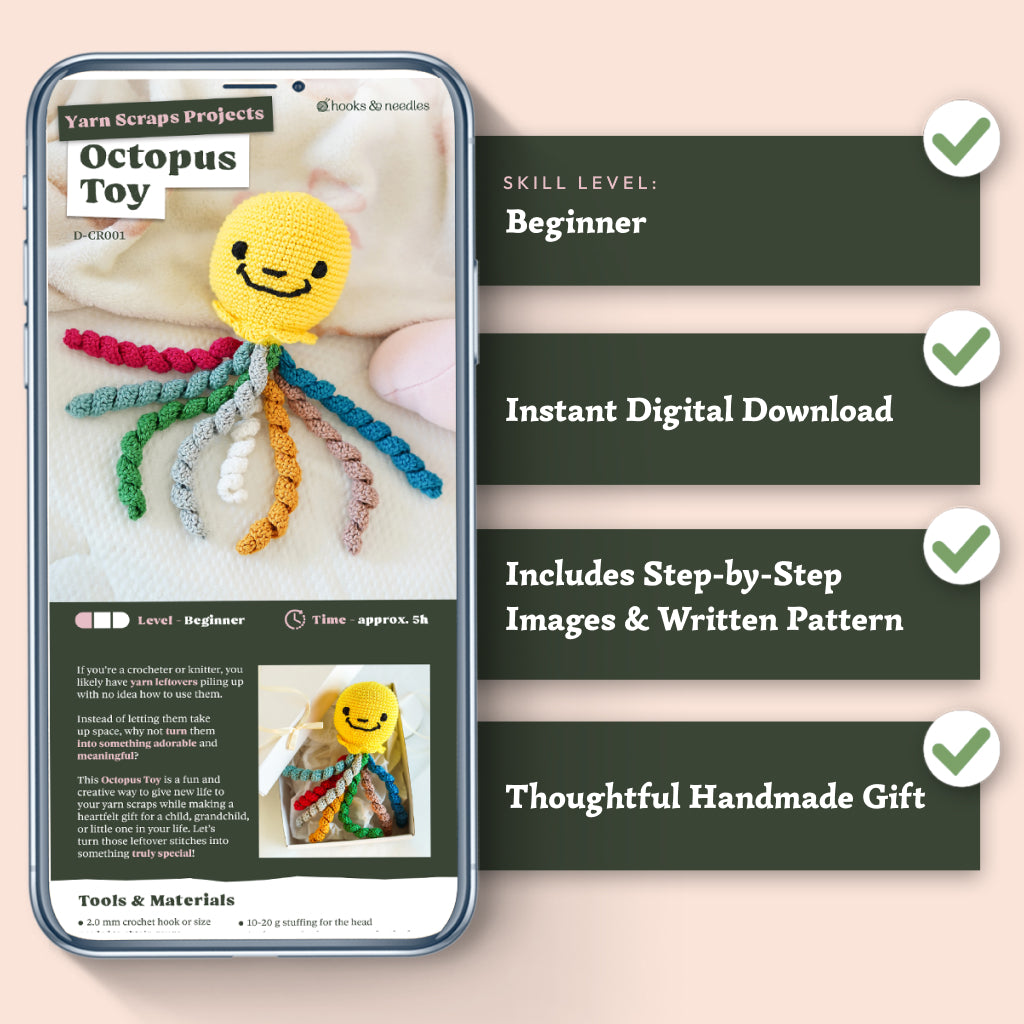 A phone displays the Octopus Toy Crochet Pattern, featuring instant digital download, step-by-step images, handmade gift ideas, and creative upcycled crochet inspiration.