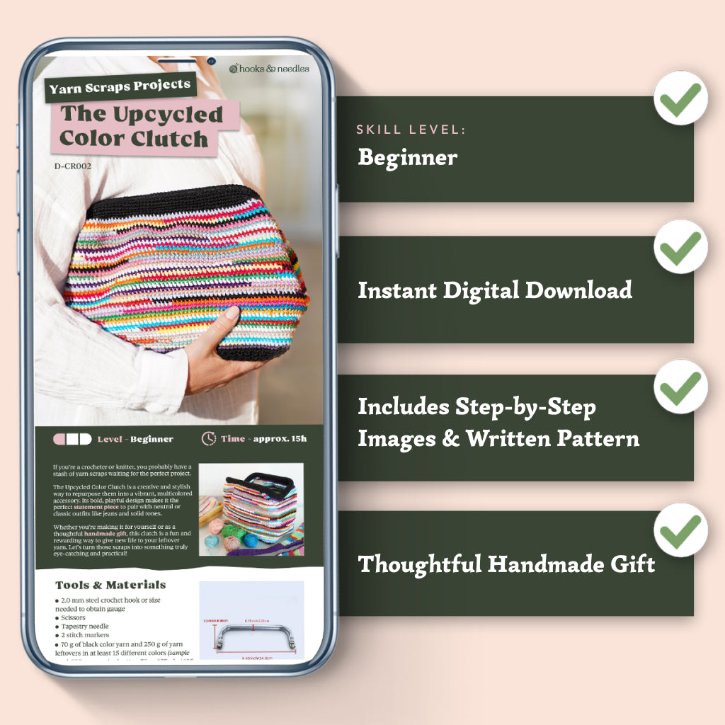 A phone shows the Upcycled Color Clutch Crochet Pattern, ideal for using yarn scraps. This beginner-level digital pattern offers instant download, step-by-step images, and makes a great gift idea.