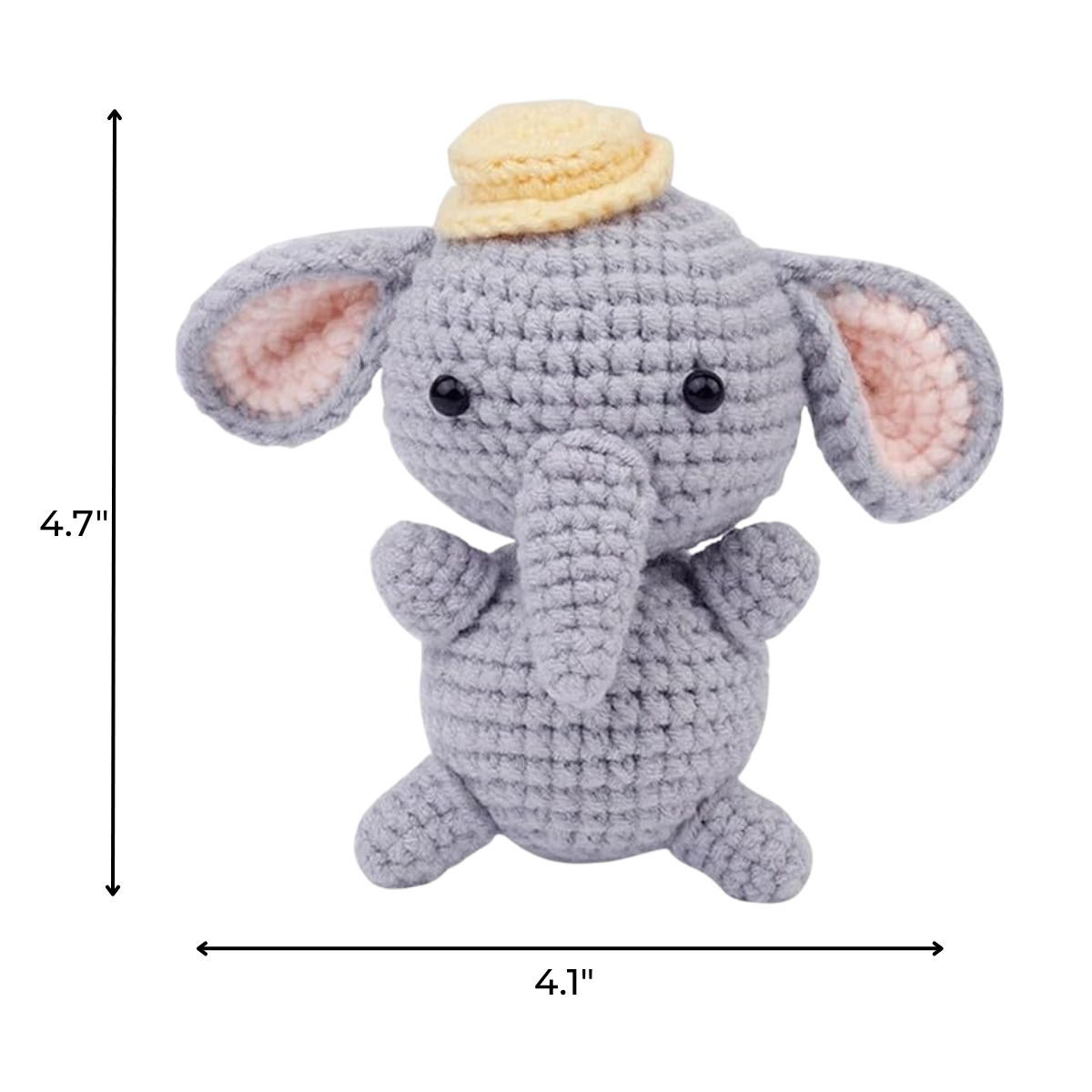 The Crochet Elephant Kit makes a 4.7-inch-tall gray elephant plush with a yellow hat, pink inner ears, and black button eyes. With a width of 4.1 inches, it's ideal for gifting or as a beginner crochet kit project.