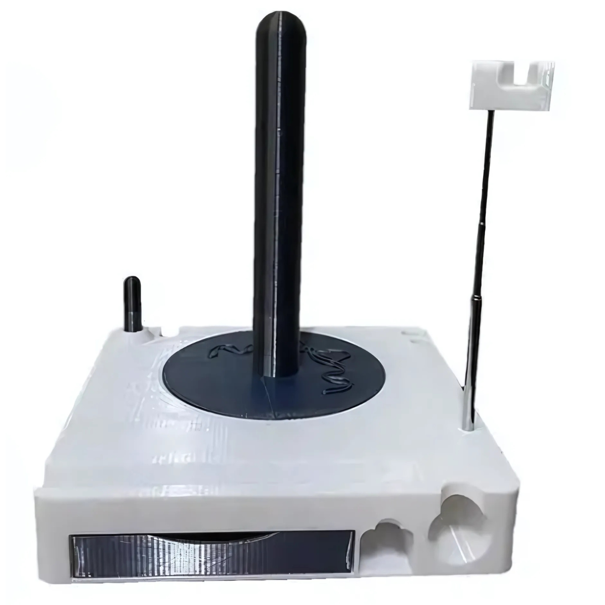 The Spinning Yarn Holder with Tool Storage features a white and gray design, a tall black central antenna, a smaller side antenna, a front display screen, and hidden compartments for tools to ensure smooth yarn flow.