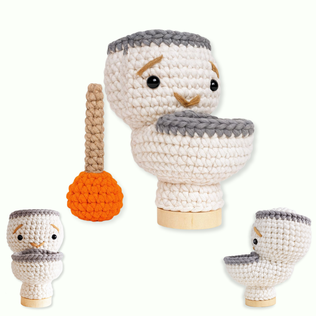 The Snuggle Squad includes 10 adorable crochet PDF patterns, such as a toilet with a face and matching plunger, both displayed from various angles on a pale background.