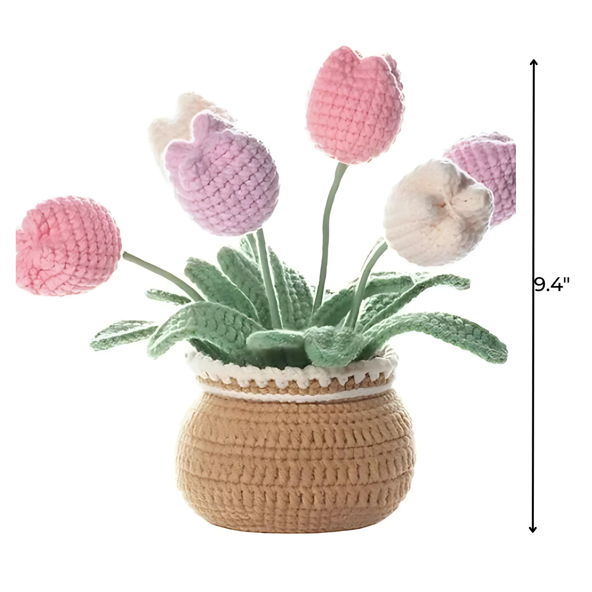 The Crochet Tulip Kit features pink and purple crocheted tulips in a brown pot, standing 9.4 inches tall—a beautiful handmade flower bouquet to brighten any space.