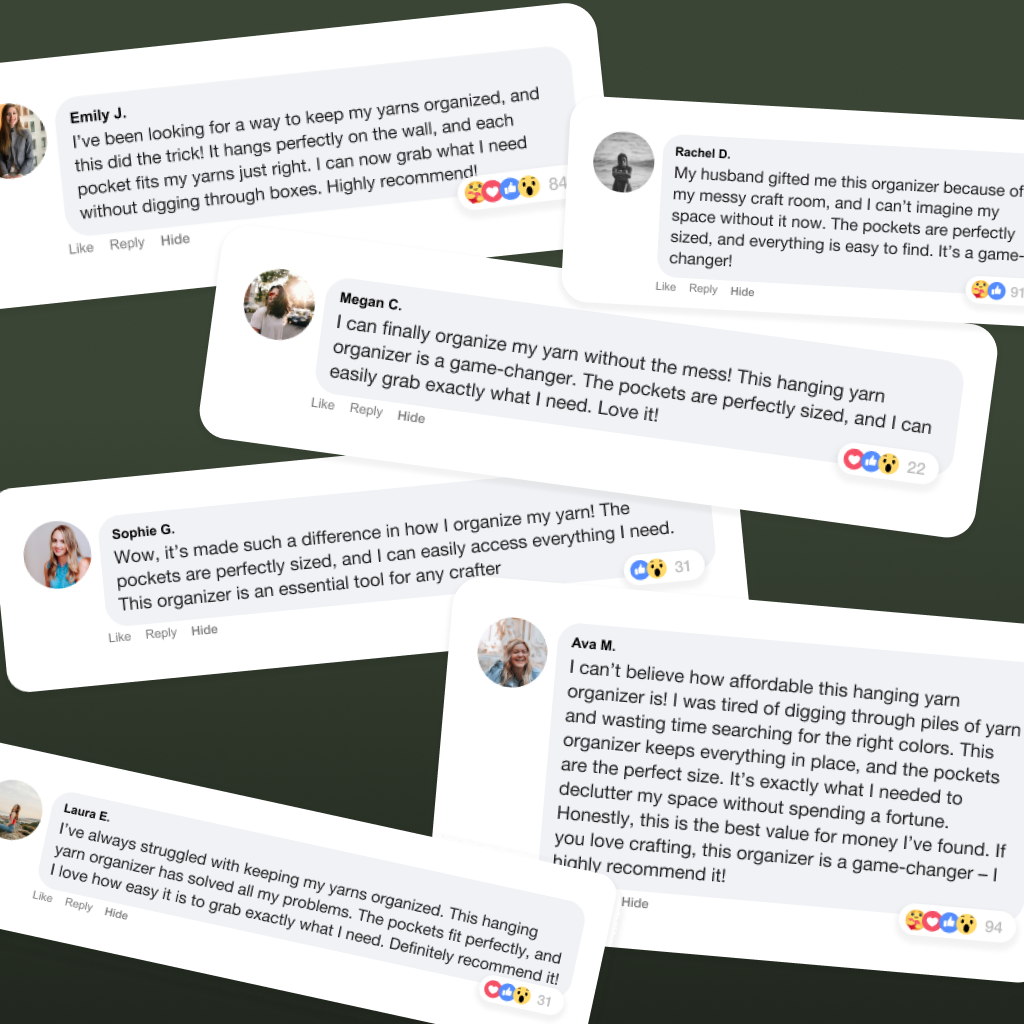 A collage of customer reviews highlights the Hanging Yarn Organizer’s convenience, various pocket sizes, and its positive effect on yarn storage and organization.