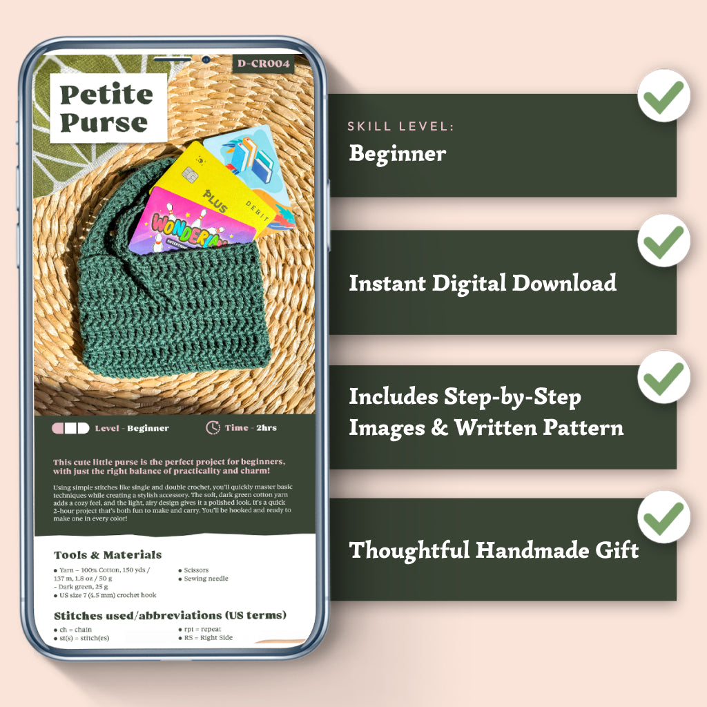 A smartphone displays the Petite Purse Crochet Pattern ad with tools and materials; checkmarks highlight easy beginner instructions, digital download, and a unique gift idea.