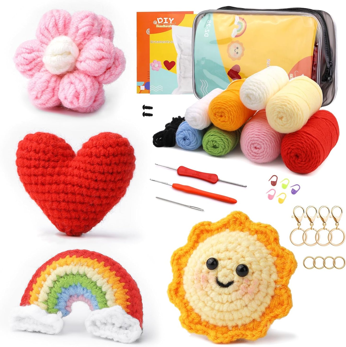 The Crochet Keychain Kit 4pcs includes colorful yarn, tools, instructions, and supplies to make cute flower, heart, rainbow, and smiling sun keychains—ideal for beginners or DIY handmade gifts.