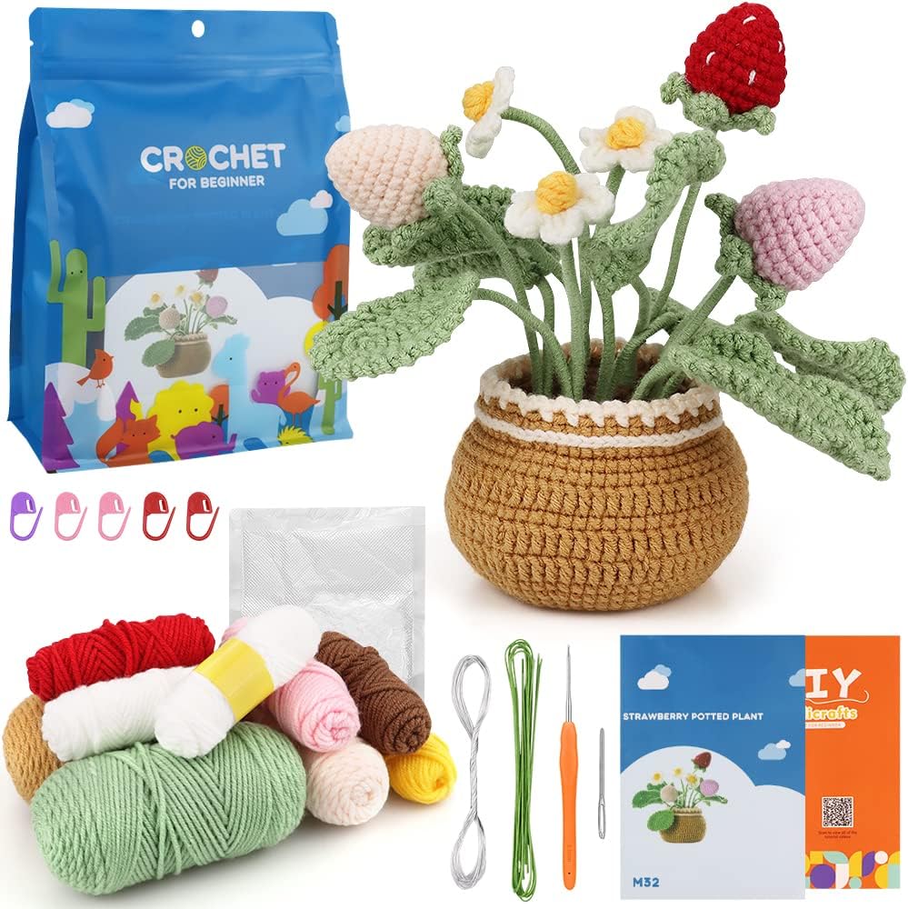 The Crochet Strawberry Plant Kit includes yarn, hooks, instructions, stitch markers, and all materials needed to make a delightful crochet strawberry plant—perfect for beginners.